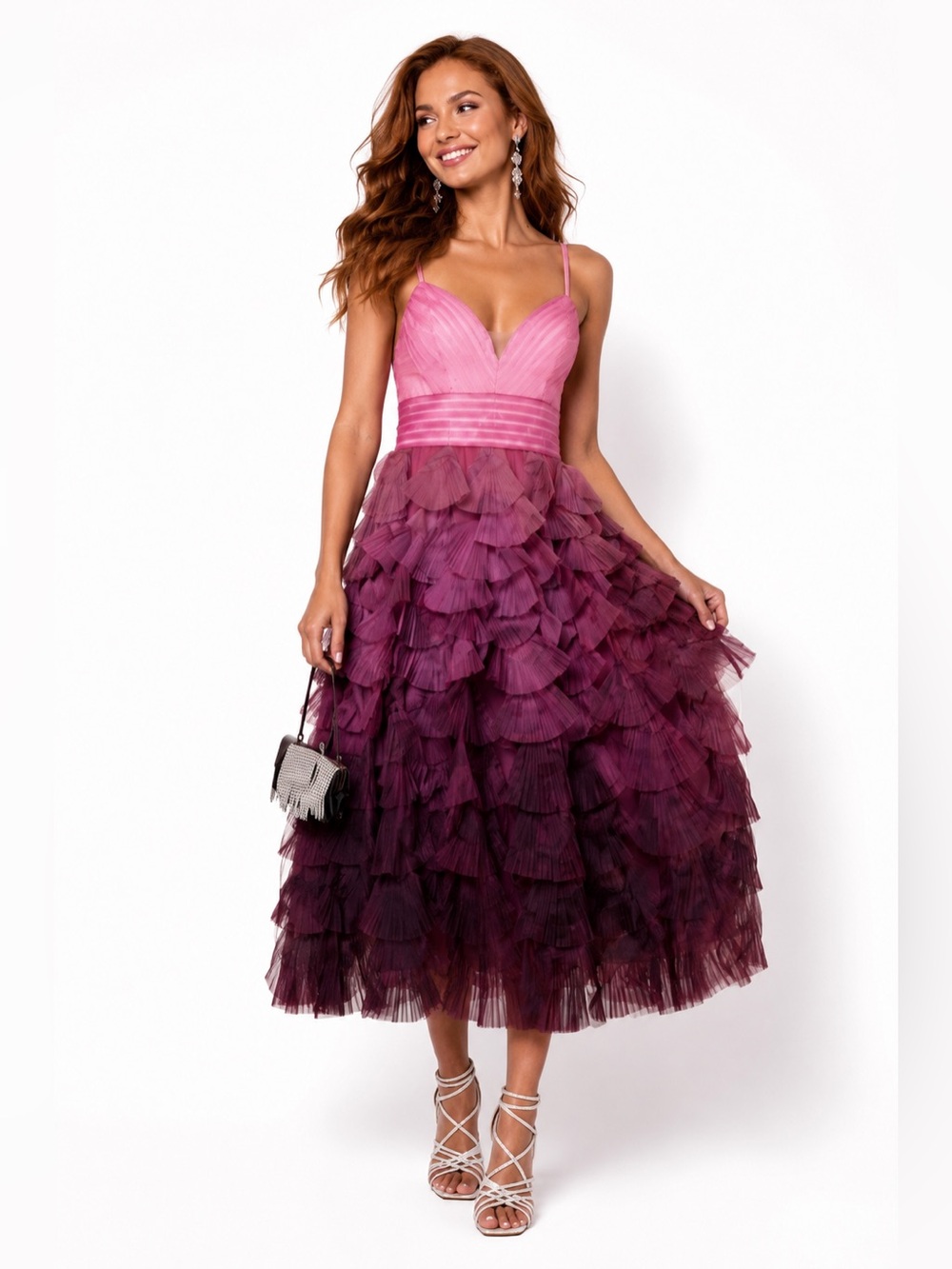 Marchesa Notte NWT Pink Plum Ombré Tiered Tulle Midi Cocktail Dress Gown